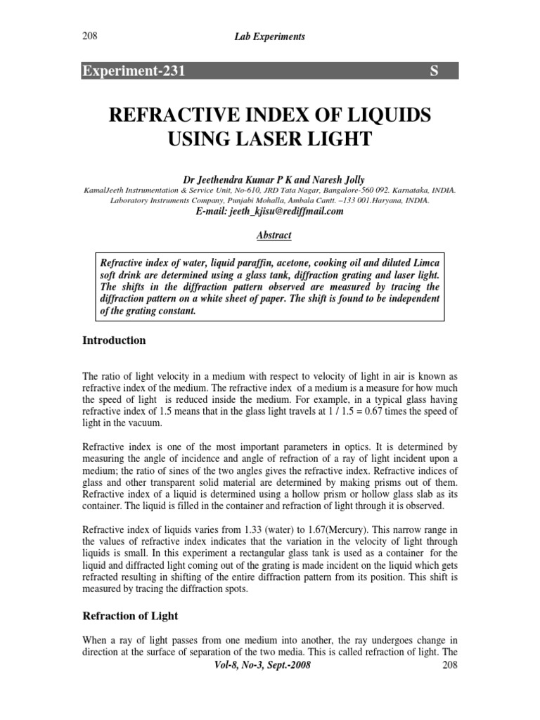 Refractive Index of Liquids Using Laser Light Experiment231 S PDF