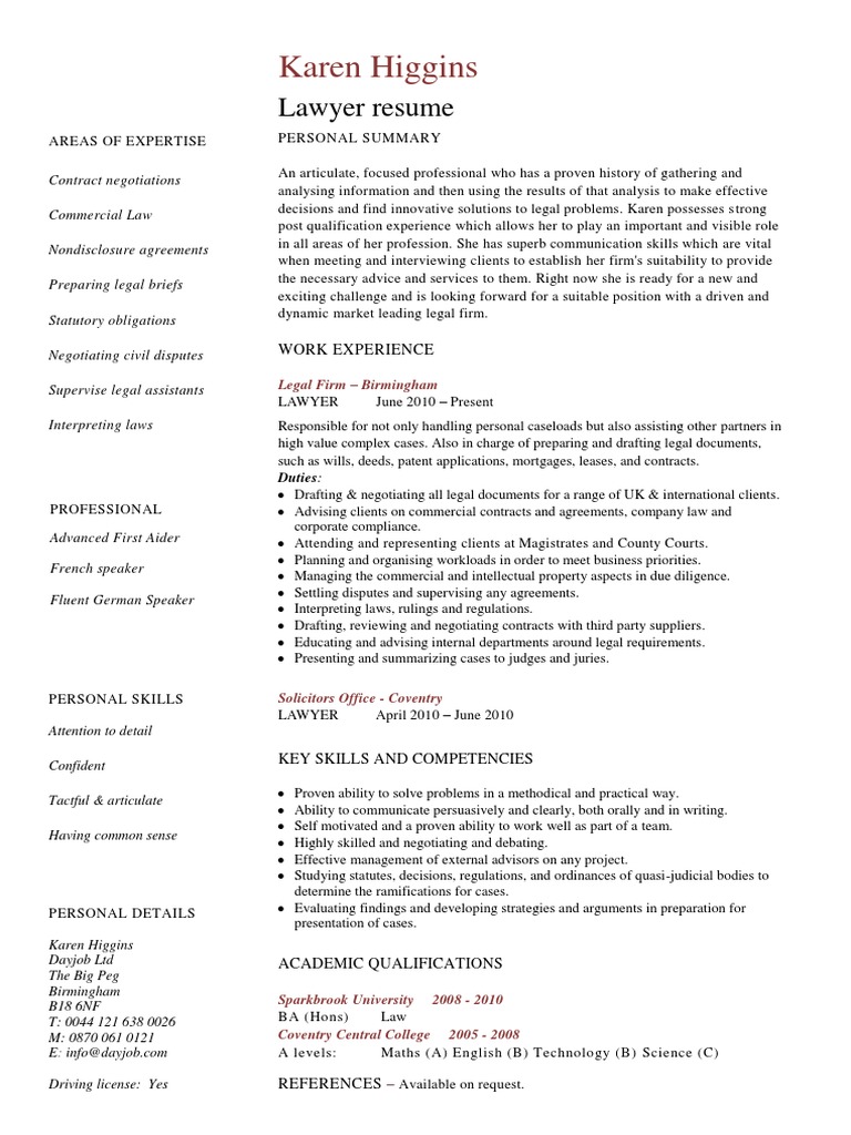 example resume for lawyers