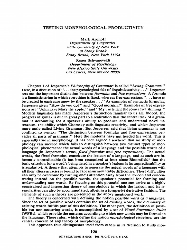Aronoff & Schvaneveldt (Productivity) PDF Morphology (Linguistics