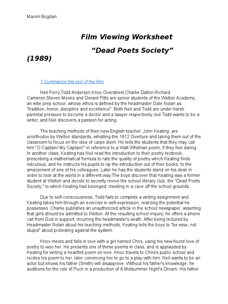 Uncategorized Dead Poets Society Worksheet dead poets society homework teaching and learning