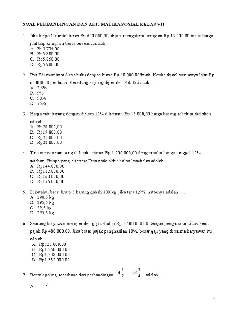 Soal Perbandingan Dan Aritmatika Sosial Kelas Vii