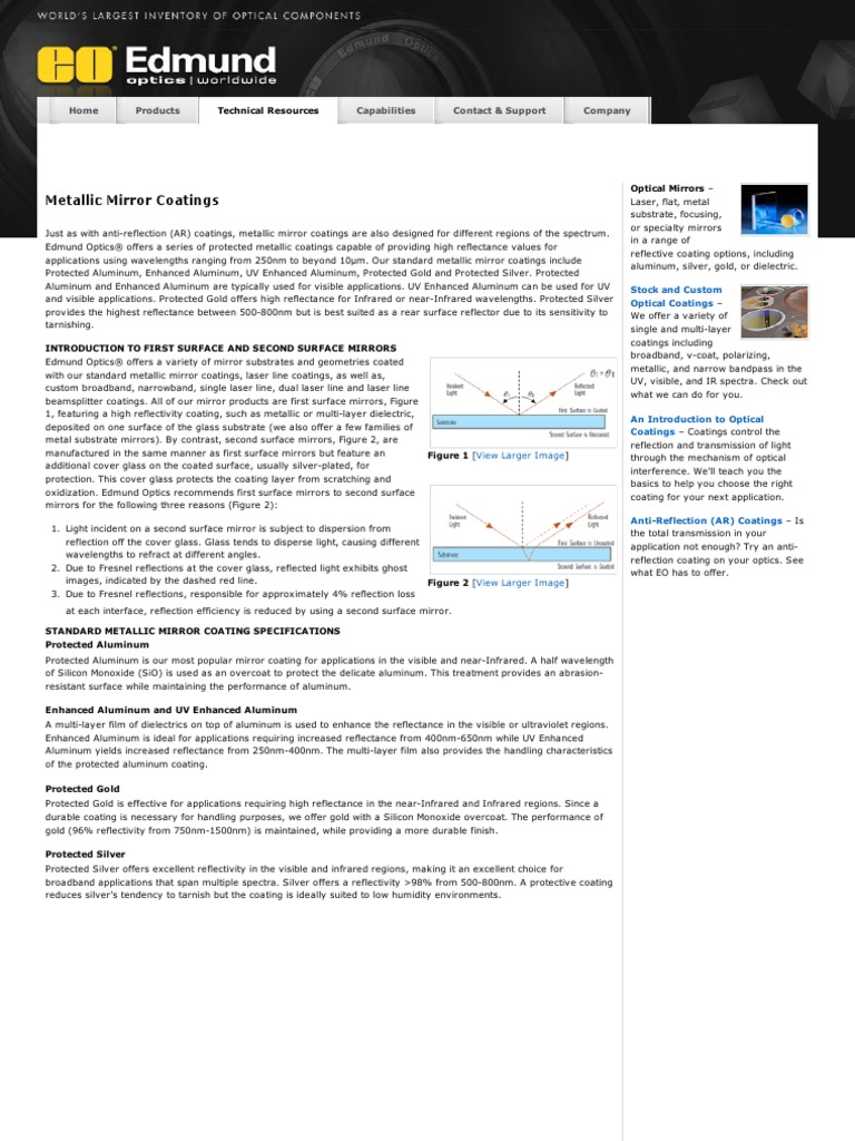 Metallic Mirror Coatings - Edmund Optics | PDF | Mirror | Reflection ...
