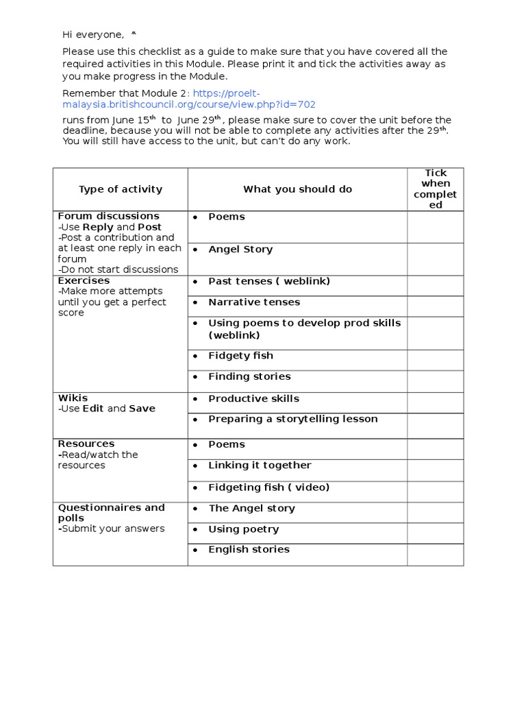 Checklist Module 2 B2 Pdf