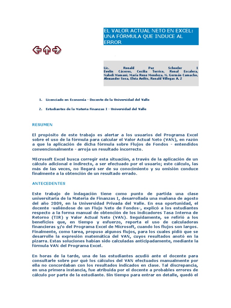 El Valor Actual Neto En Excel Valor Presente Neto Business