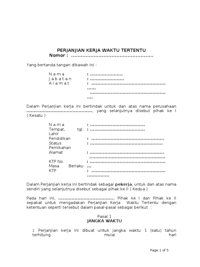 Contoh Surat Perjanjian Kerja Waktu Tertentu Pdf Contoh Surat