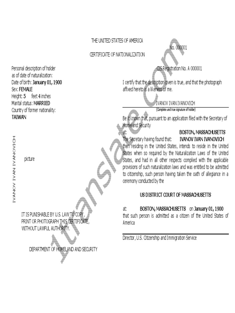 Certificate of Nationalization USA | PDF | Law