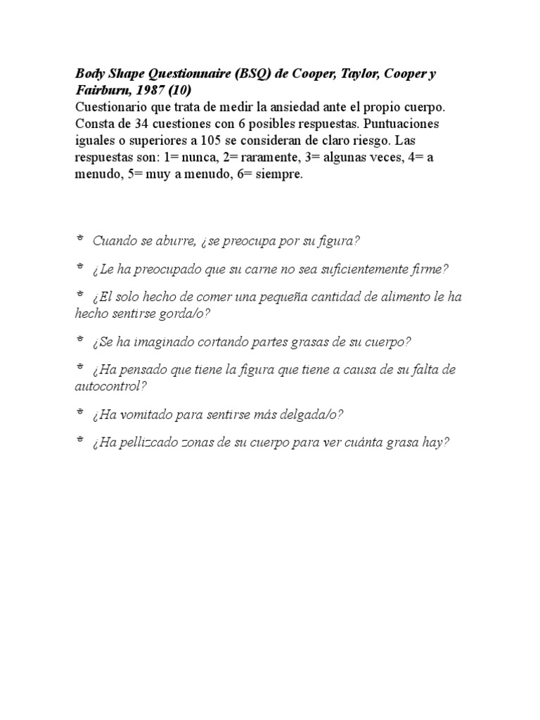 Cuestionario de Ansiedad Corporal BSQ | PDF | Relaciones personales ...