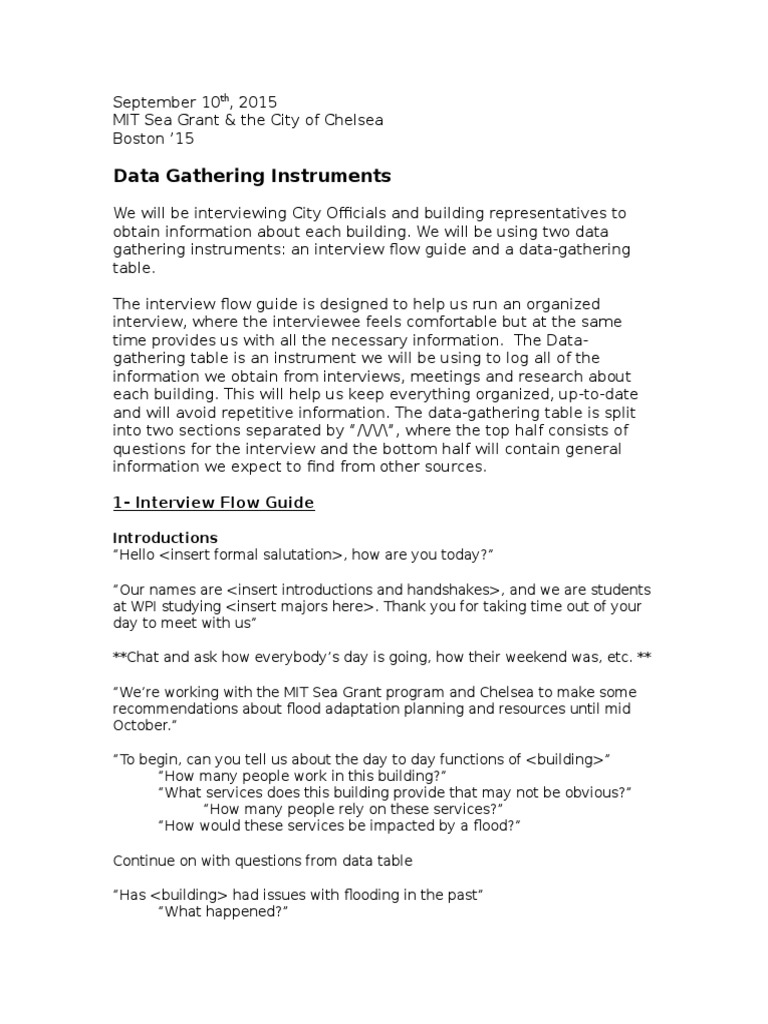 Data Gathering Instruments 1Interview Flow Guide PDF Flood Business