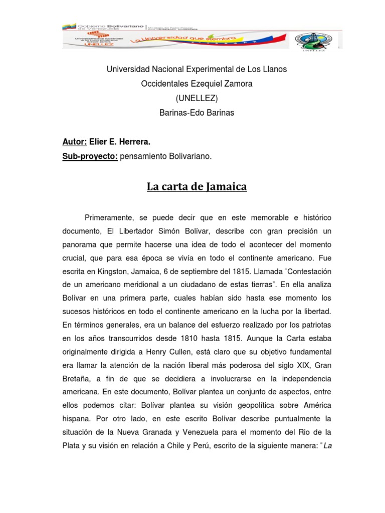 Ensayo Carta de Jamaica  Américas  Política