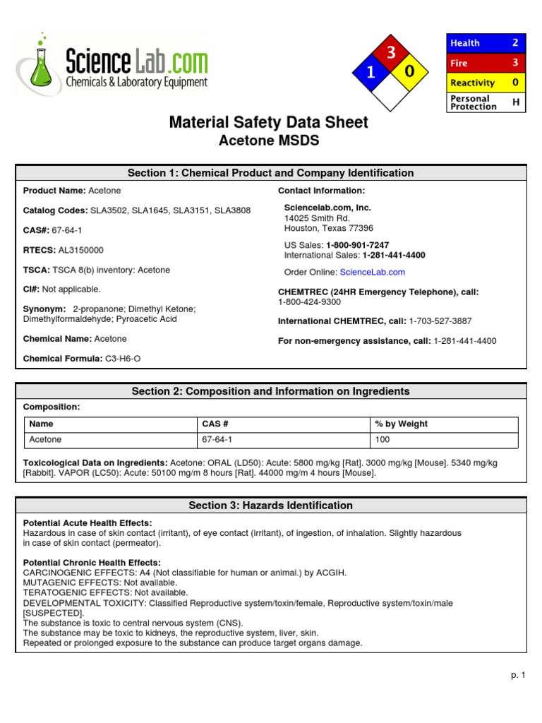 Acetone MSDS Toxicity Water