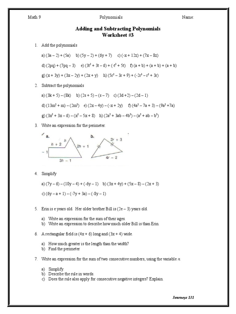 Polynomials Worksheet 3 Adding and Subtracting Polynomials | PDF