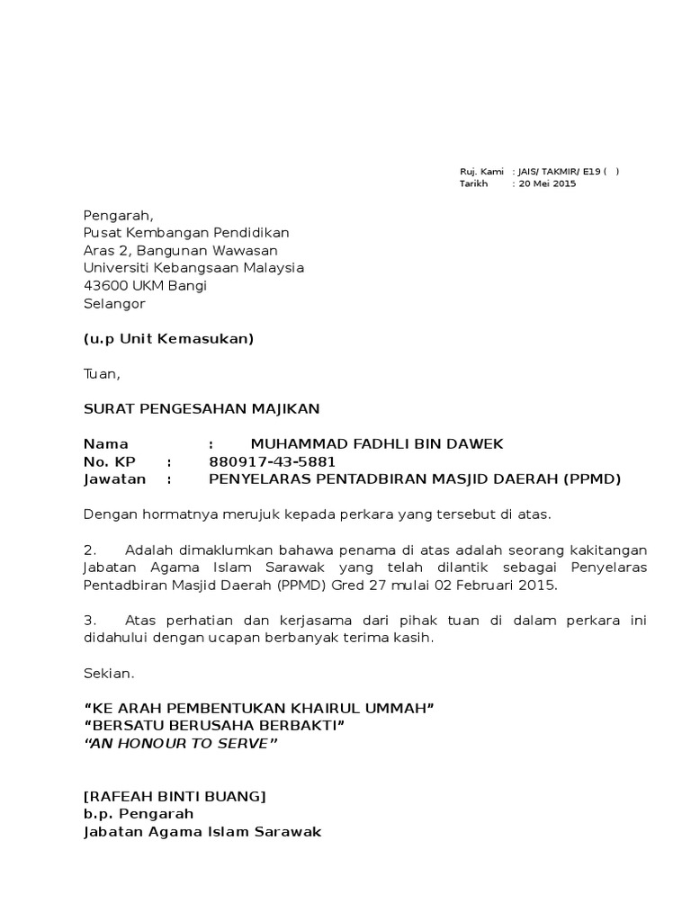 Contoh Surat Pengesahan Perkhidmatan Dari Majikan Untuk Memohon