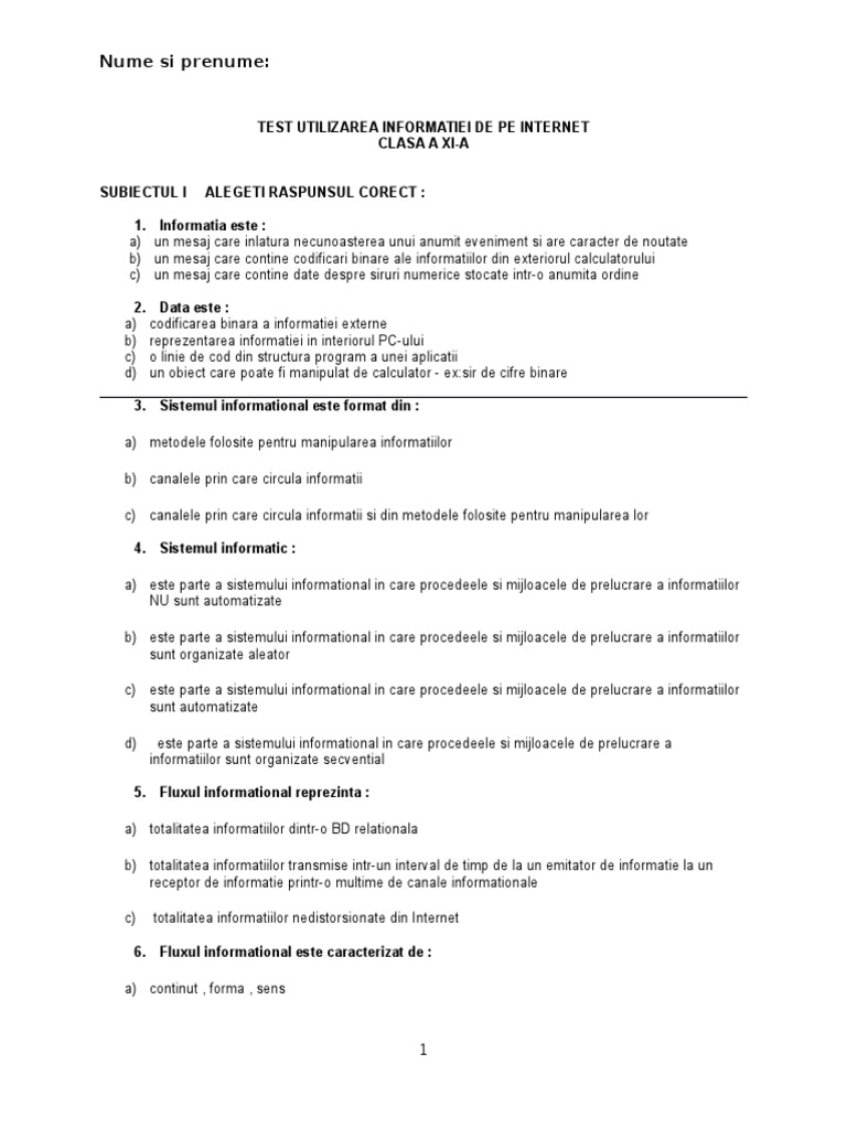 Test 1 Clasa A11a Tic | PDF