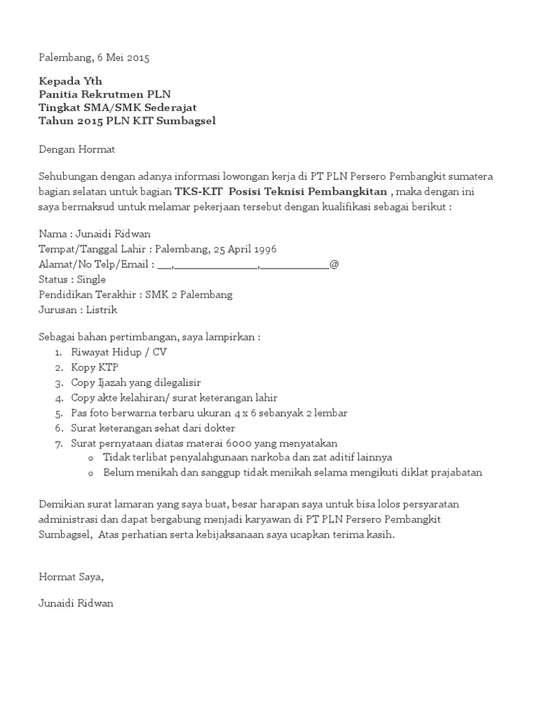 Contoh Lamaran Kerja Pln