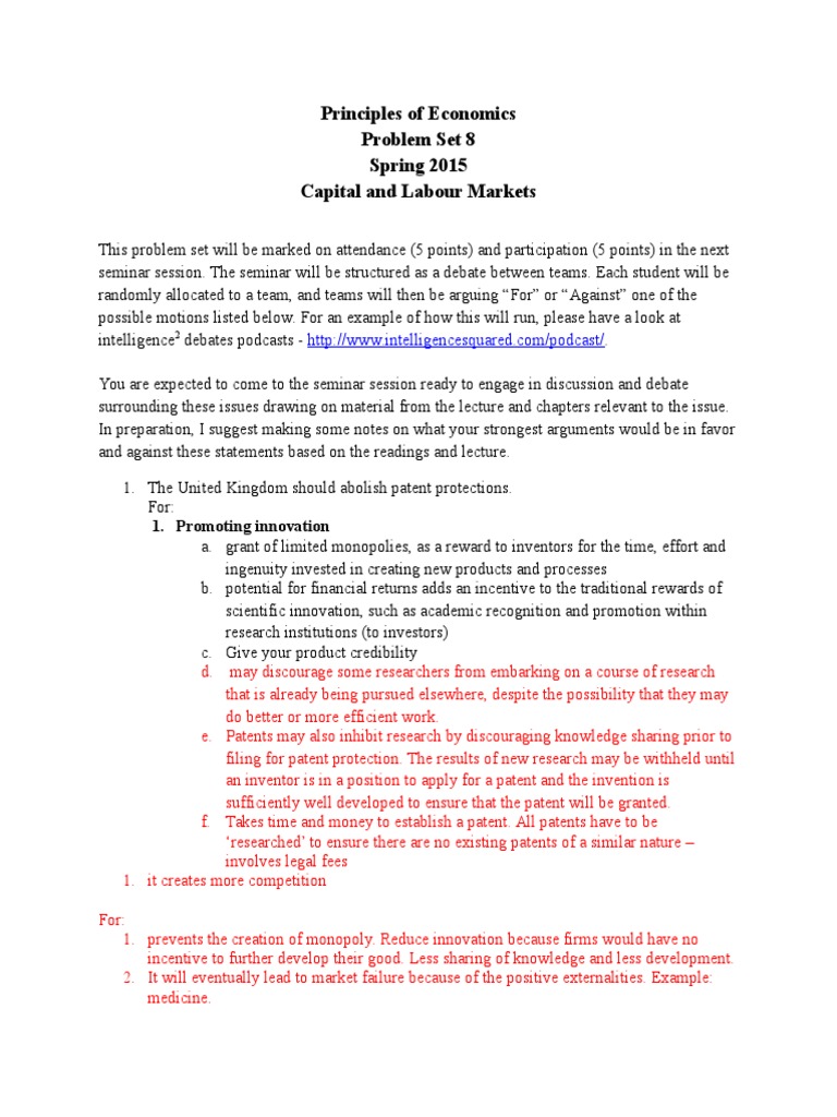 Principles of Economics Problem Set 8 Spring 2015 Capital and Labour ...