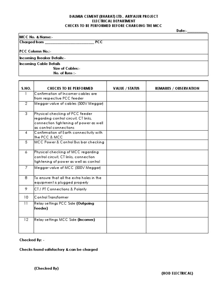MCC and Panel Charging Checklists | PDF | Relay | Alternating Current