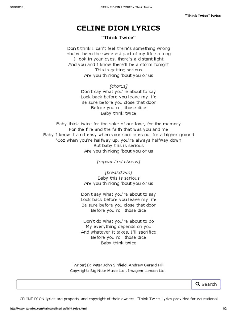 Celine Dion Lyrics Think Twice