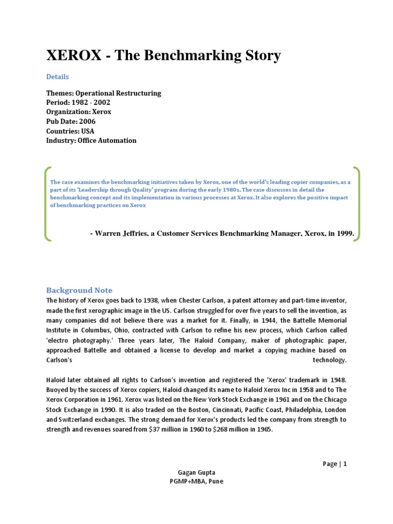 XEROX Benchmark Story Case Study PDF Benchmarking Inventory
