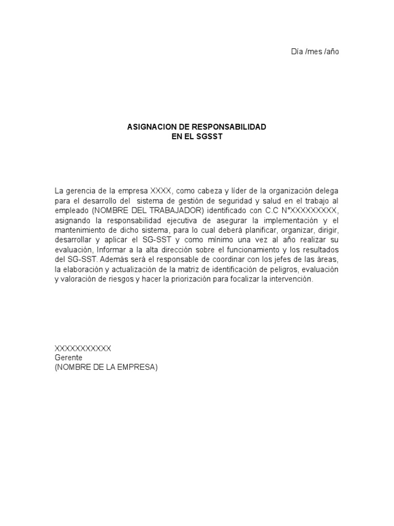 Carta Asignacion de Responsabilidad Del Sgsst