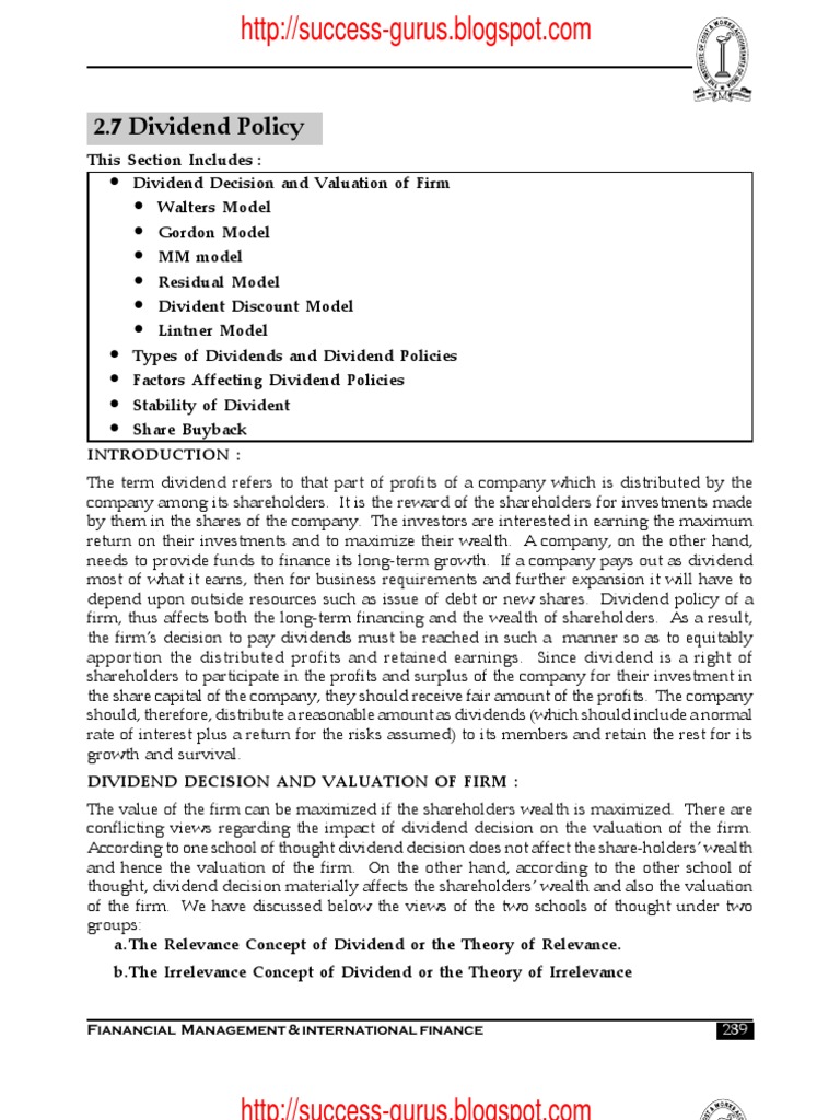 ICWAI Dividend Policy Financial Management International Finance