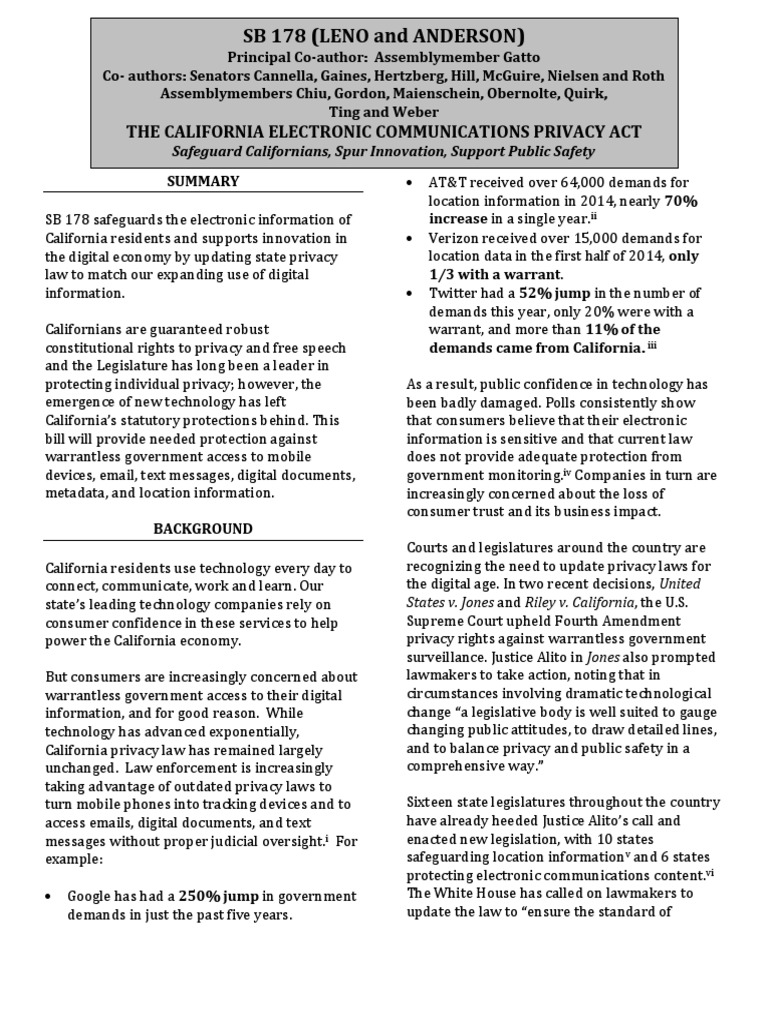 SB 178 CalECPA Fact Sheet_1[1] Privacy Surveillance