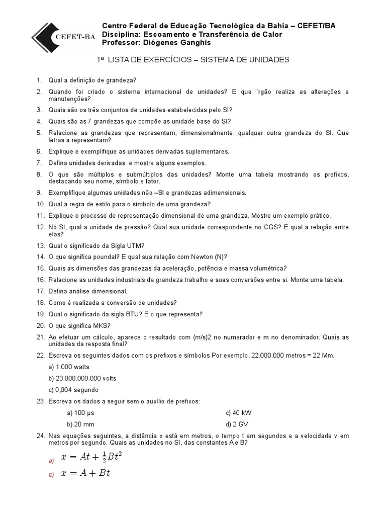 Exercícios sobre Sistema de Unidades SI | PDF | Sistema internacional ...