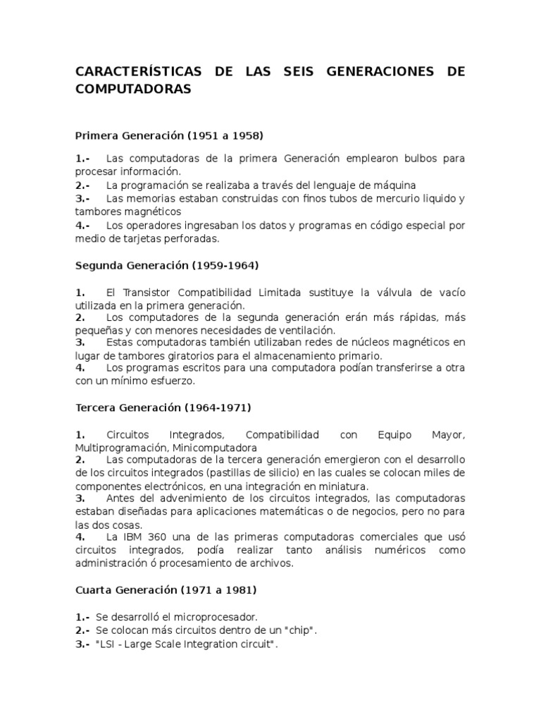Características de las 6 generaciones de computadoras | PDF ...