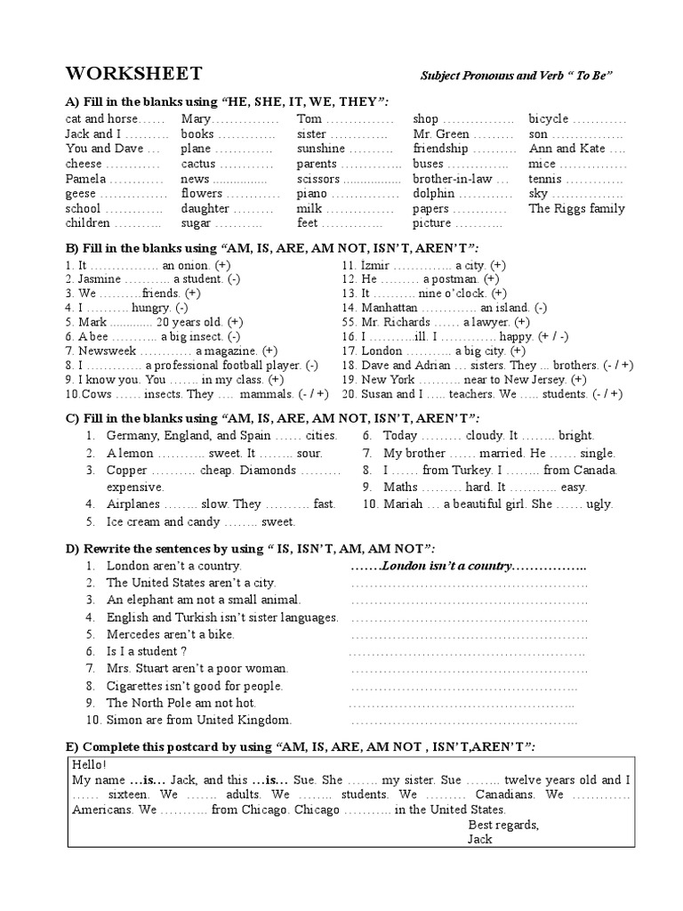 Worksheet 1 Subject Pronouns And Verb To Be Answers