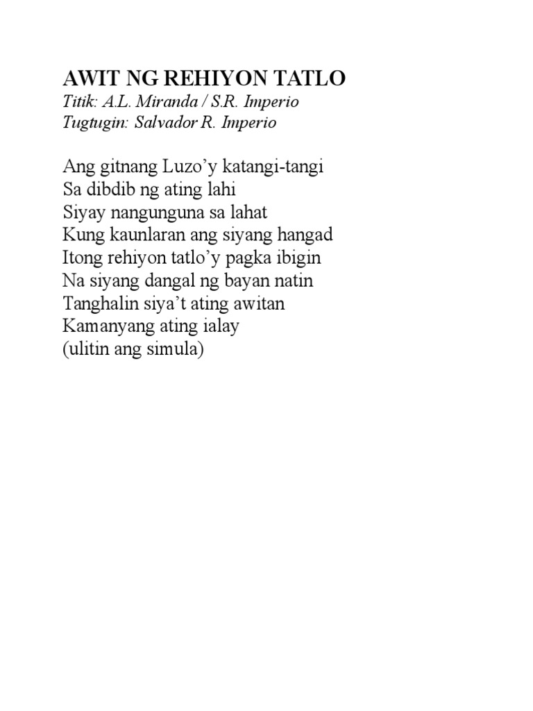 Awit NG Rehiyon Tatlo | PDF