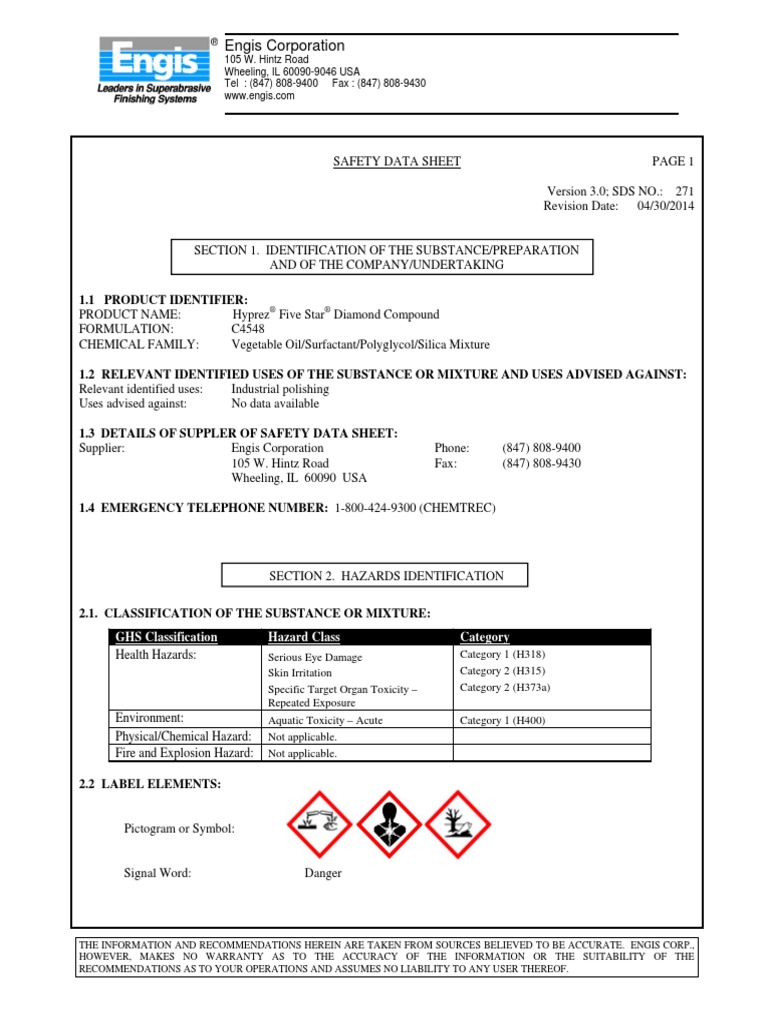SDS271 Diamond Compound Toxicidad Seguridad