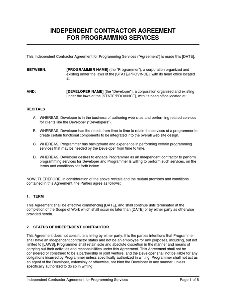 Independent Contractor Agreement - For Programming Services | PDF | Non ...