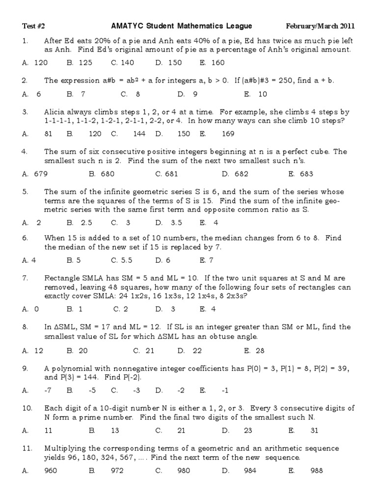 AMATYC 2011 Math Contest Problems | PDF | Teaching Methods & Materials