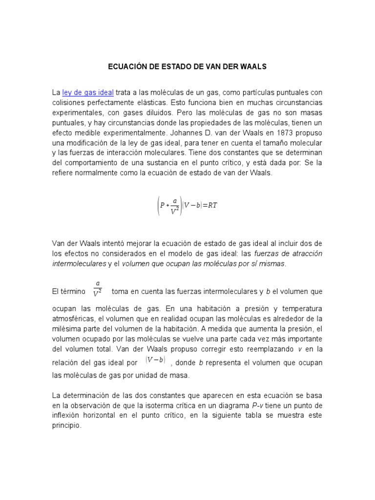 Ecuación de Estado de Van der Waals | PDF | Gases | Estadísticas aplicadas