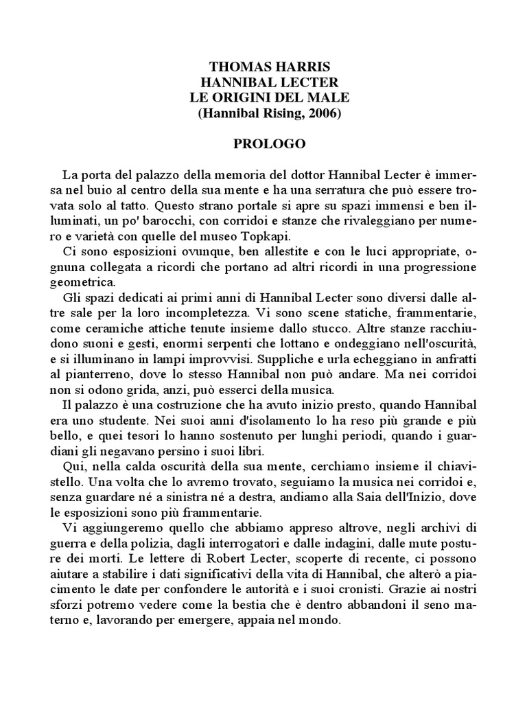 Hannibal Lecter Le Origini Del Male Thomas Harris