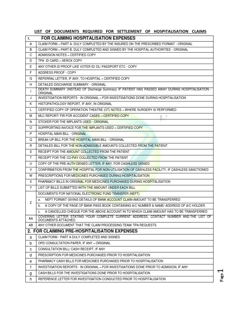 Hospitalization Claim Document Checklist | PDF | Identity Document ...