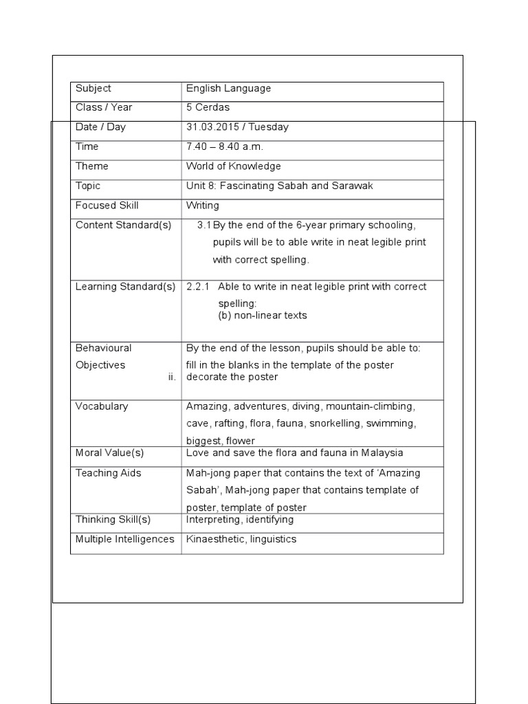 5C Fascinating Sabah and Sarawak (Writing) | PDF | Lesson Plan ...