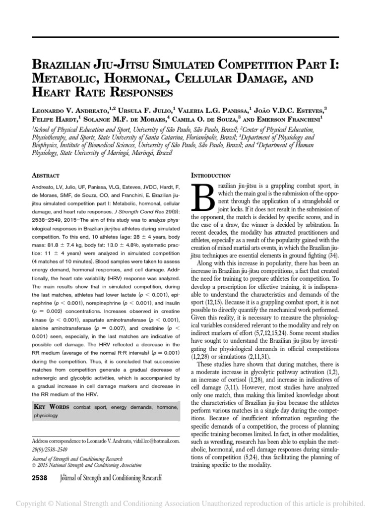 Brazilian JiuJitsu Simulated Competition Part I Metabolic, Hormonal