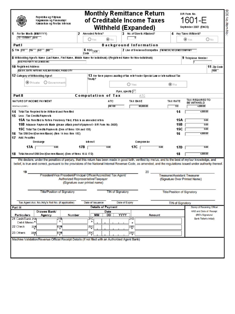 Monthly Tax Remittance Return BIR 1601-E | PDF