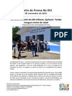 Boletín 051 Con Una Inversión de 630 Millones, Quilcacé- Tambo Inaugura Centro de Salud