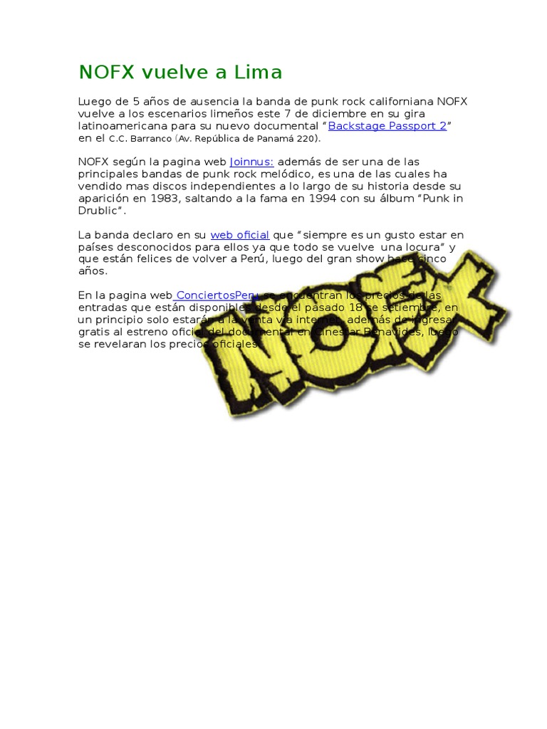 Nofx Vuelve A Lima Backstage Passport 2