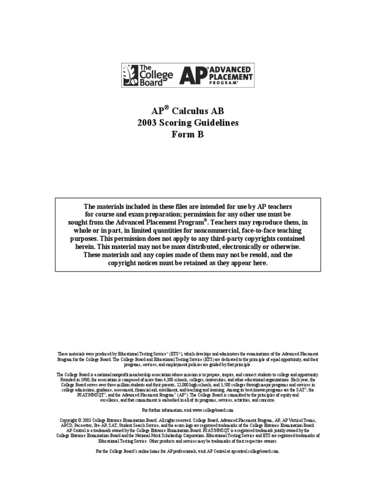 AP Calculus AB 2003 Scoring Guidelines Form B | PDF | Advanced ...
