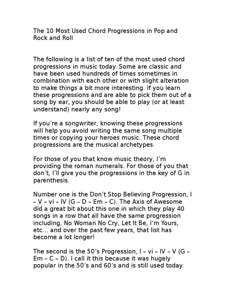 The 10 Most Used Chord Progressions in Pop and Rock and Roll | PDF ...