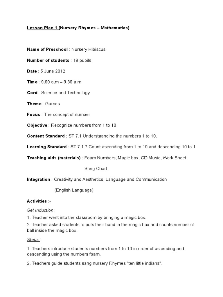 Set Induction Lesson Plan Preschool