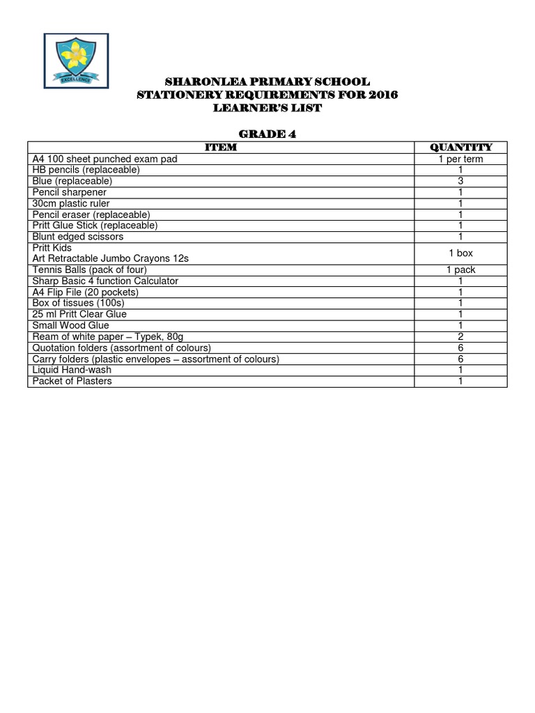 Grade 4 2016 Stationery List | PDF