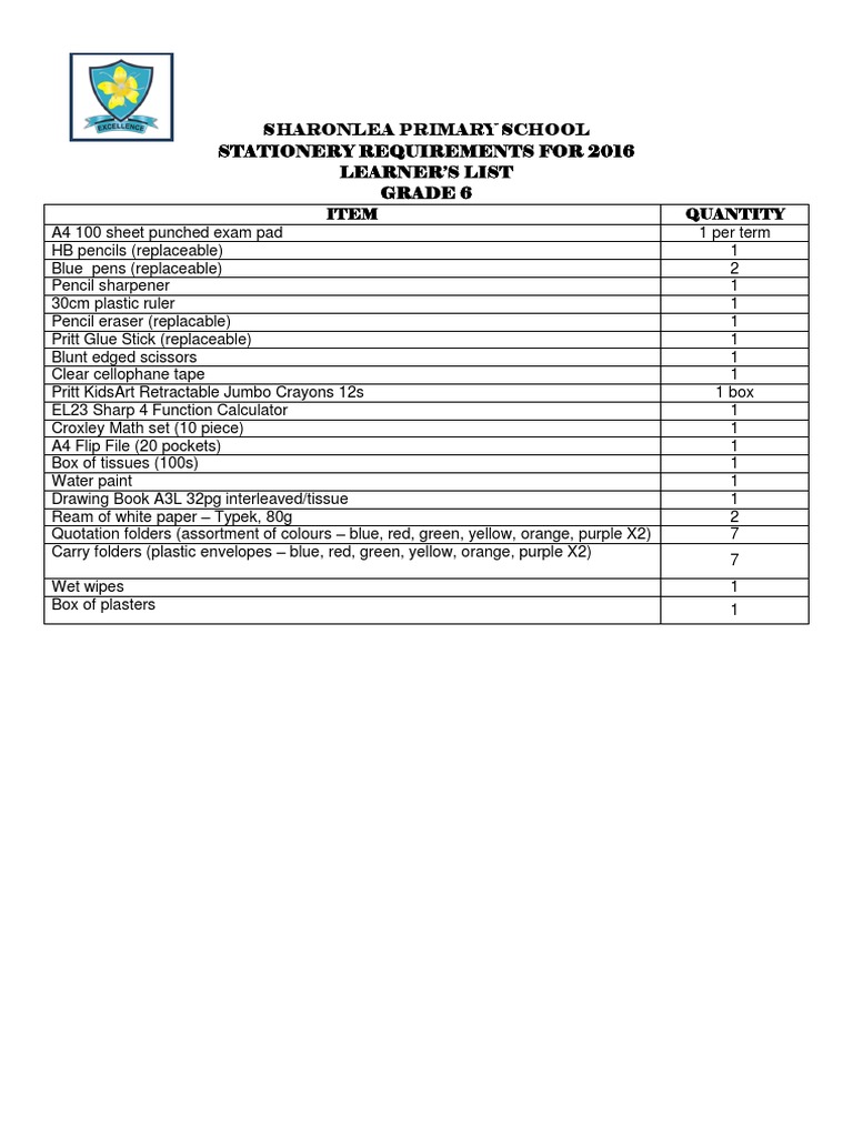 Grade 6 2016 Stationery List