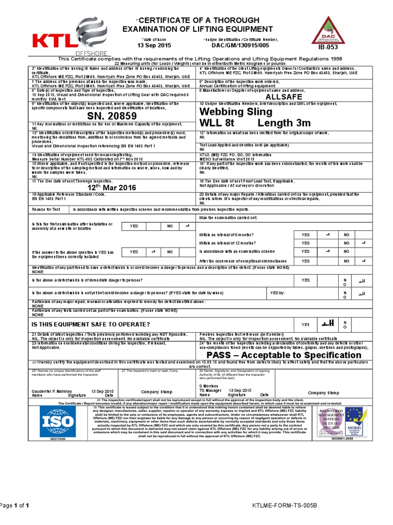 SN. 20859 bing Sling WLL 8t Length 3m Certificate of A Thorough