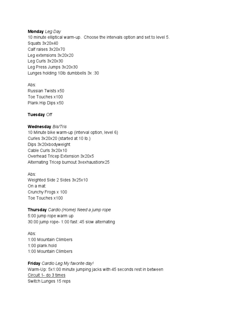 Weekly Workout Plan: Strength & Cardio | PDF | Cooking, Food & Wine