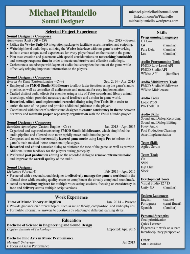 Sound Designer Resume of Michael Pitaniello | PDF | Application ...