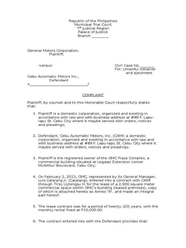 Unlawful Detainer Sample Complaint Lease Lawsuit