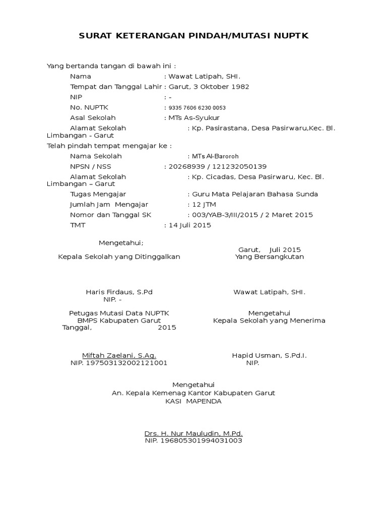 Surat Mutasi Guru Honorer Sk mutasi guru honorer doc.